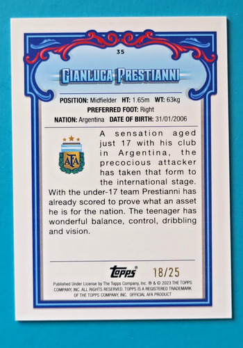2023 Topps Fileteado Argentina Gianluca Prestianni 1st Bowman Orange #18/25 - Picture 2 of 2