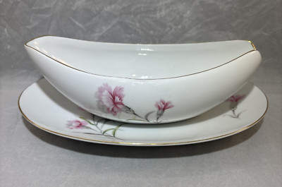 Royal Court Fine China Pink Carnation Gravy Boat w/ Under Plate Gold Trim Japan