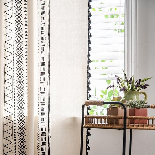 Boho Geometric Window Curtain Drapes Panel w/ Tassels Farmhouse Decor Rod Pocket - Picture 18 of 30