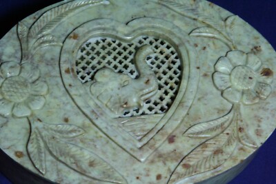 Tan Two-Piece Carved Box of Stone With An Elephant, Flowers and Heart