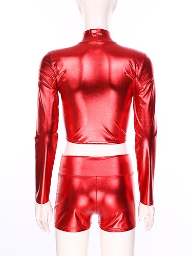 Womens Crop Top With Shorts Booty Outfit Swimsuit 2PCS Party Metallic Dancings - 第 37/57 張圖片