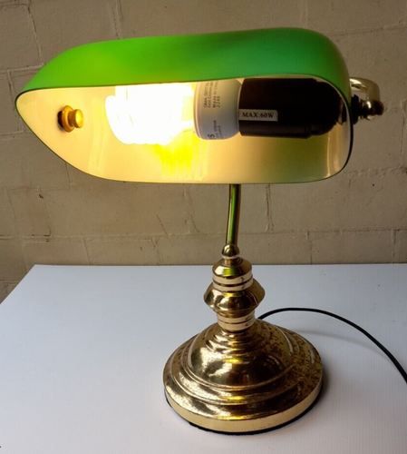 Vintage Brass Bankers Desk Lamp Green Emerald Glass Shade Bank Table Lamp