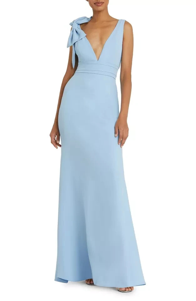 Mac Duggal - Blue Sleeveless V Neck Bow Detail Mermaid Gown - US 16