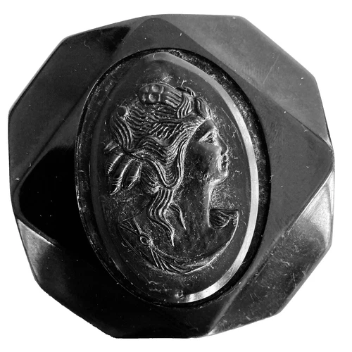 Vintage Bakelite Mourning Jewelry Cameo Brooch Black Art Deco Goth Victorian MCM