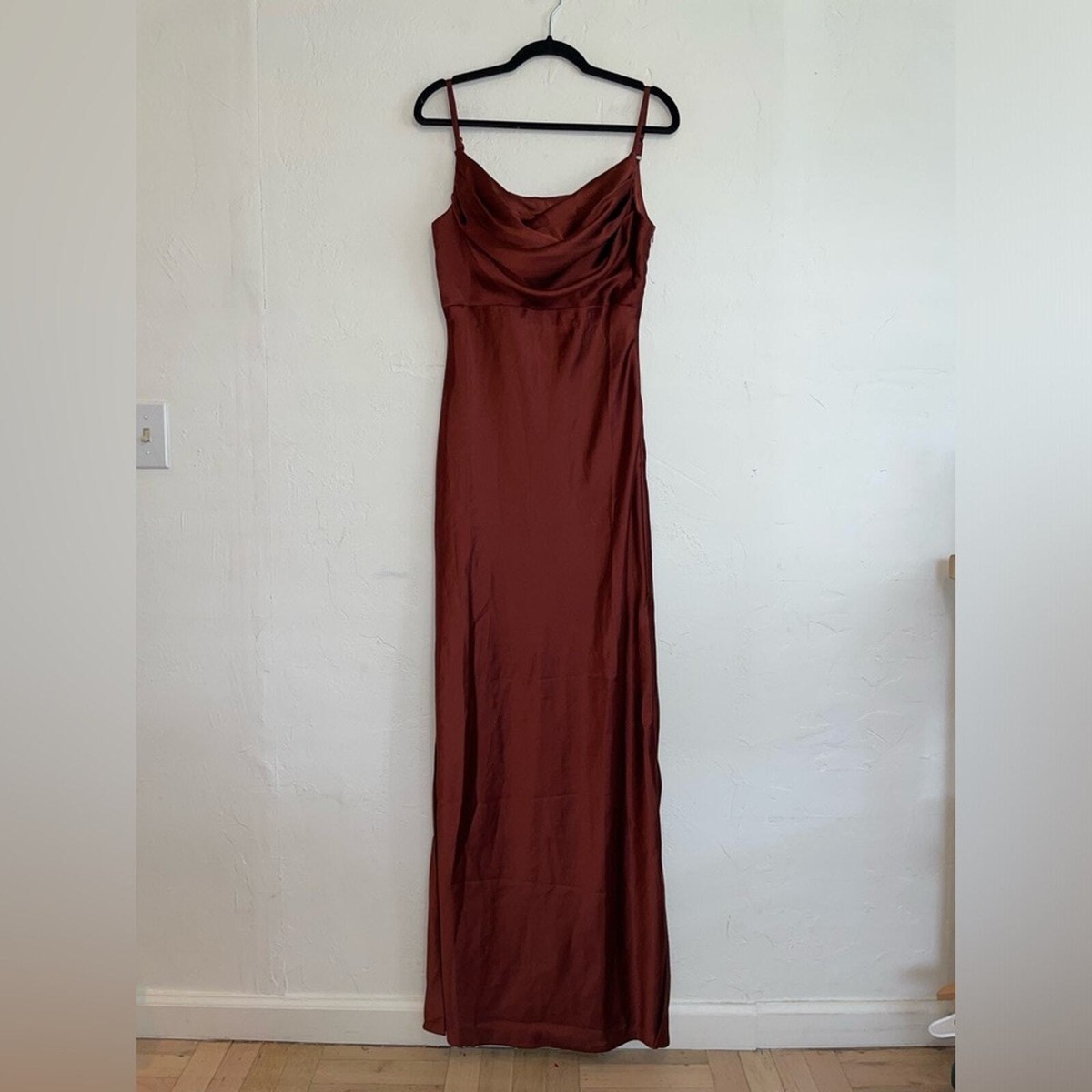 NWT Revelry Skye Satin Cinnamon Rose Cowl Neck Maxi Bridesmaid Dress Size 10