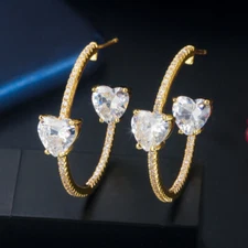 Luxury 18k Gold Plated White CZ Women Double Heart Half Round Loop Hoop Earrings