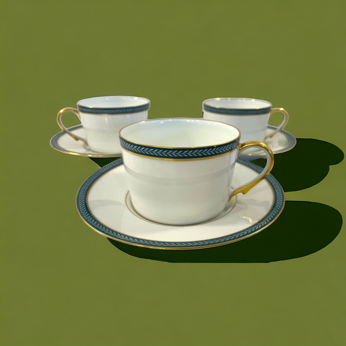 LAURIER BLUE By Ceralene Raynaud Limoges France Flat Tea Cups