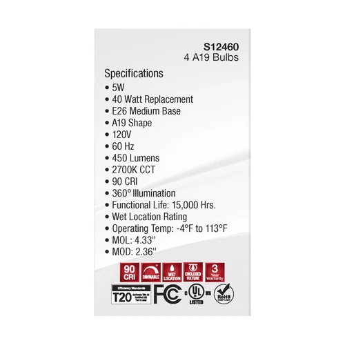 Pack Satco S12460 LED Filament 120V 5W 40W A19 Medium E26 Clear 2700K Warm White - Picture 7 of 10