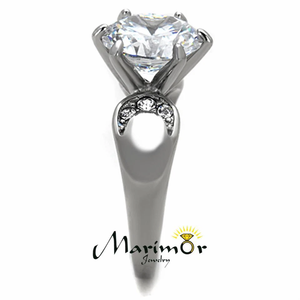 Anillo de compromiso de acero inoxidable pulido alto 3,9 quilates corte redondo circonita talla 5-10 Foto 4 de 4