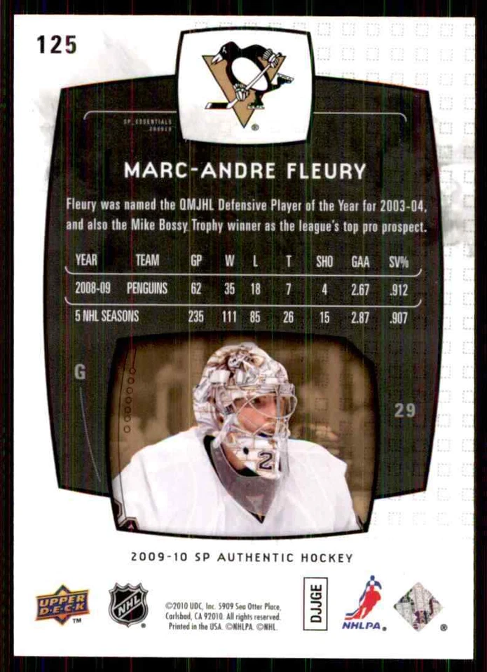 2009-10 SP AUTHENTIC MARC-ANDRE FLEURY 1451/1999 PITTSBURGH PENGUINS #125 - Image 2 of 2