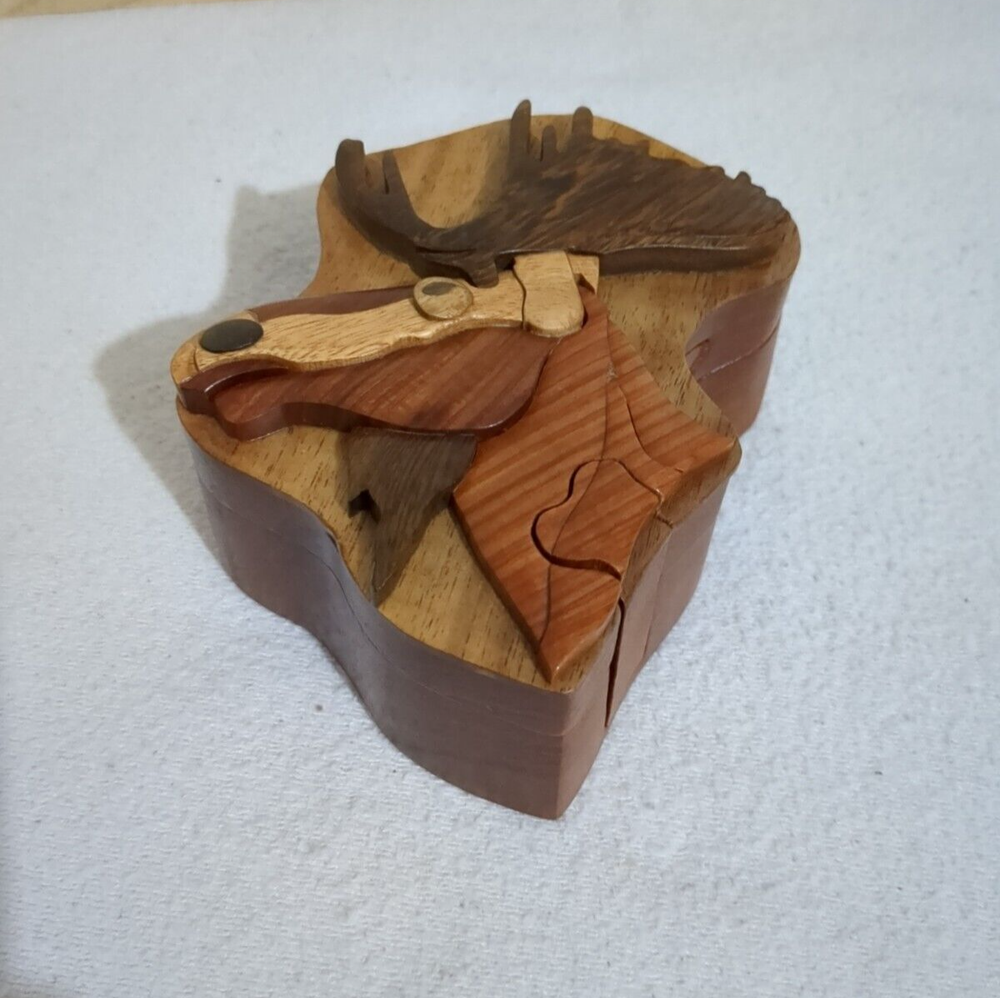 Vintage Wood Moose Head Puzzle Trinket Box