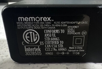 AC Adapter for MEMOREX Y12FE-050-1200U Y12FE0501200U Intertek Power Supply Cord