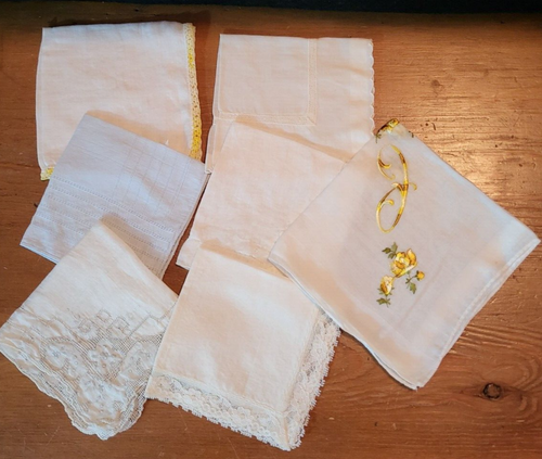 Vintage Lot of 7 HANKIES - Embroidered, Tatted, Lace ~ 1 with initial "J"