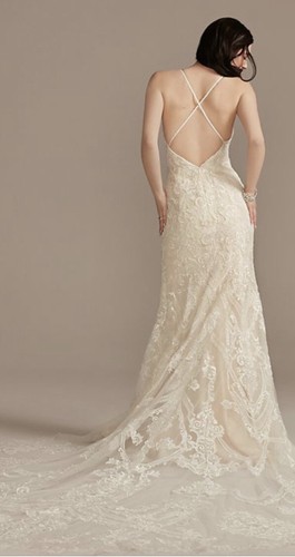 Oleg Cassini Designer Strappy Beaded Appliqué Tulle Sheath Wedding Dress - Picture 3 of 10