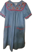 Go Softly Butterflies Embroidered HOUSE PATIO DRESS POCKETS DENIM Muu Muu Size M