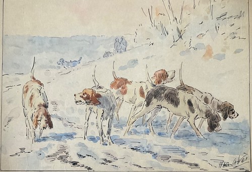 MARIE DIDIÈRE CALVÈS AQUARELLE ORIGINALE 1920 CHIENS DE CHASSE DANS LA NEIGE - Picture 2 of 5