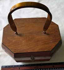 Vintage Octagonal Wood Purse or Small Sewing Box with Bakelite Handle