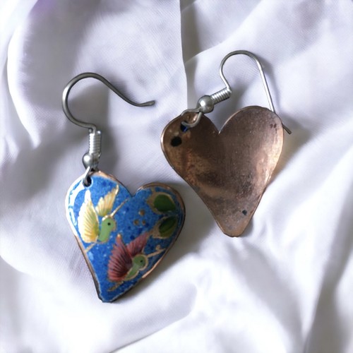 Handmade Mexican Copper Heart Earrings - Hand Painted - Picture 4 of 5