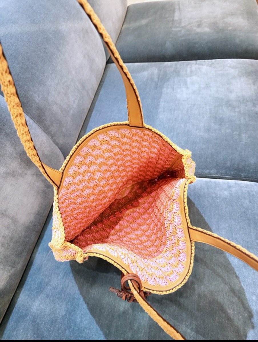 Tory Burch Straw Tote Style 165844 in Pink Carnation/Turmeric Logo