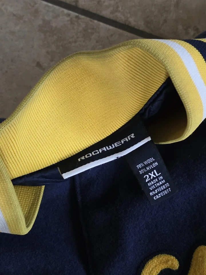 Jaqueta de lã masculina vintage Roca Wear Y2K Varsity azul marinho e amarela 2XL/XXL - Imagem 3 de 4
