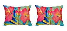 Pair of Betsy Drake Pink Amaryllis No Cord Pillows 15 Inch X 22 Inch