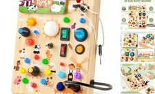 Wooden Busy Board with LED Light, Montessori Toddler Farm Theme Busy Board