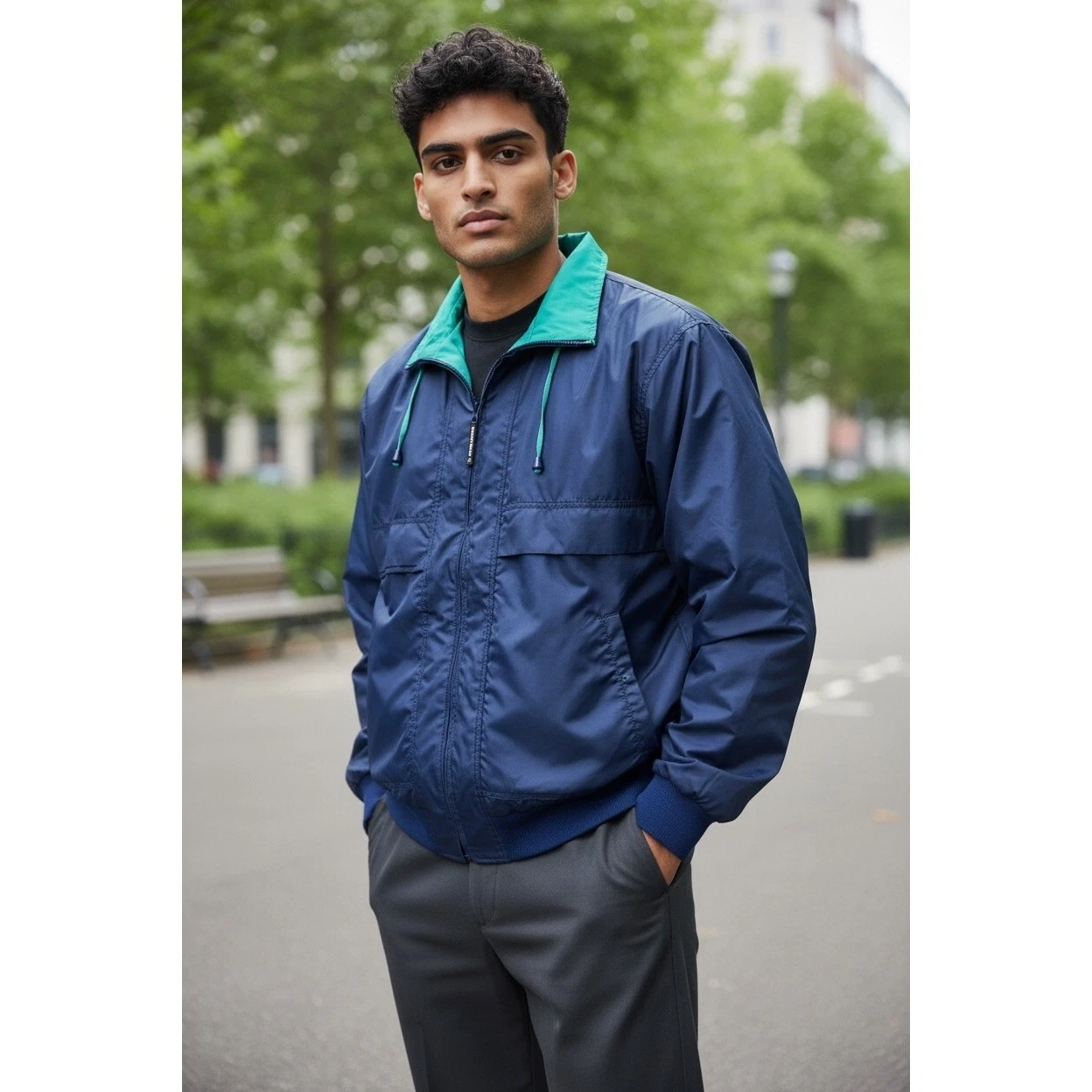 Yukon Trail Mens Navy Blue Teal Green Windbreaker Jacket Hooded Bomber Unisex
Opens in a new window