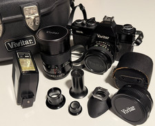 Vivitar 220/SL Black SLR Film Camera Kit w/ Lenses, Flash, Accessories & Case