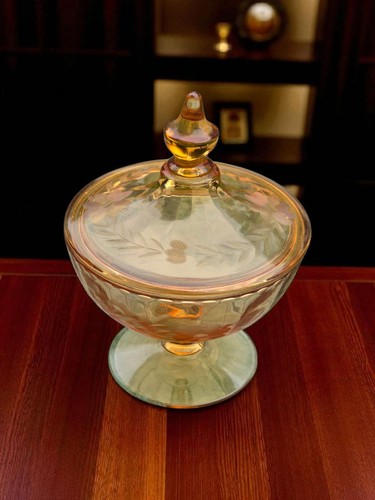 Fostoria Royal Amber Etched Depression Glass Pedestal Candy Dish with Lid #2250 - Picture 9 of 21