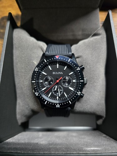 Bulova Men's Quartz Chronograph Black Dial Silicone Band Watch 43mm 98A267
