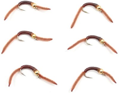Barbless Tungsten San Juan Bead Head Power Worm Brown 6 Flies Size 14