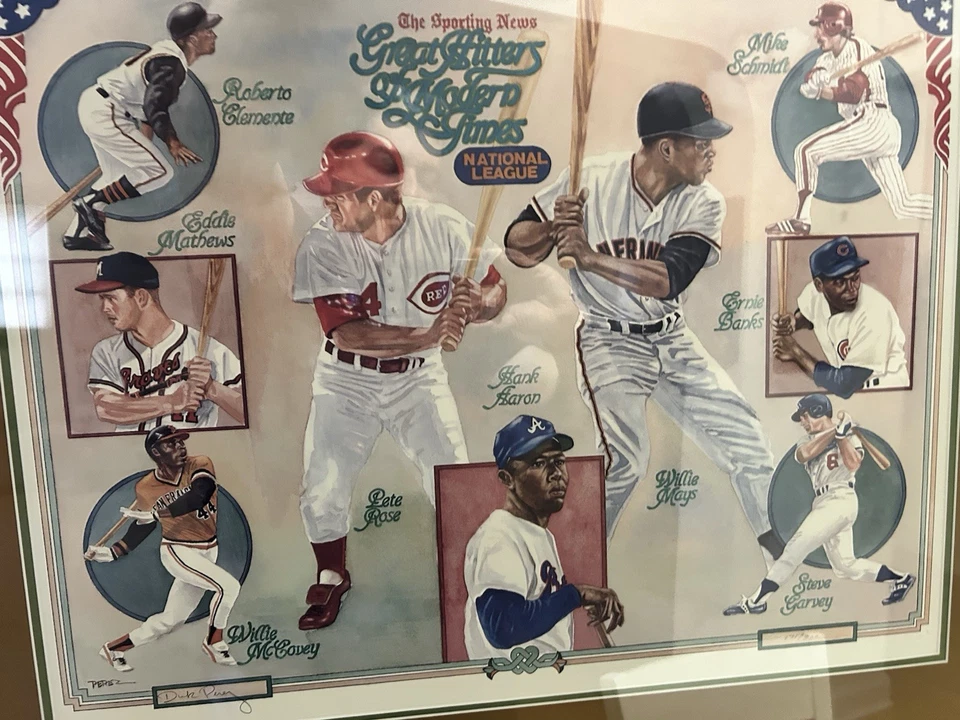 Impresión firmada de Dick Pérez de la pintura original "Greatest Hitters Aaron, Mays Foto 2 de 4