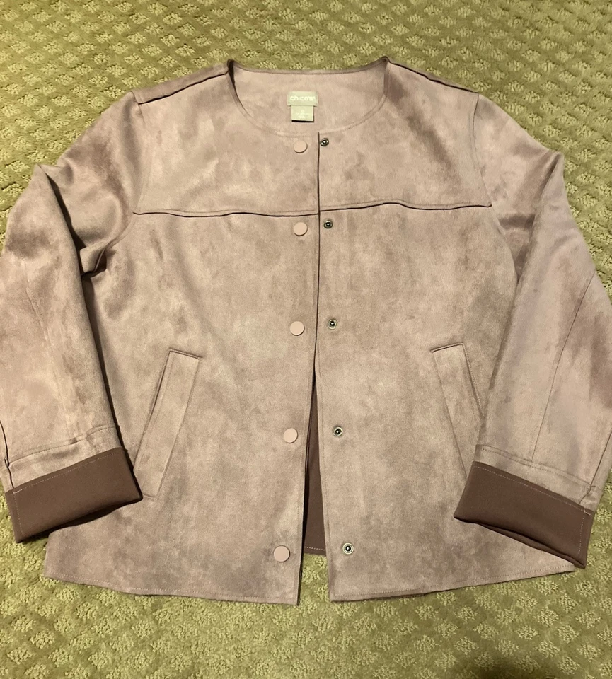 Chico's Jacket Womens 0 (Sz 4-6) Pale Mauve Faux Scuba Suede Soft Snap Front EUC - Image 4 of 4