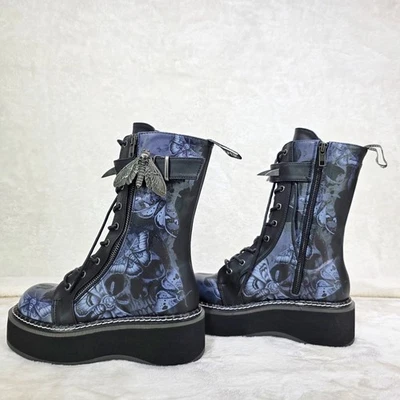 DEMONIA Emily Death Moth Skull Graphic Print Platform Goth Punk Mid Calf Boots