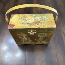 VTG 1960s Decoupage Wooden Box Purse w/ Handle  Brown Velvet Lining Victorian