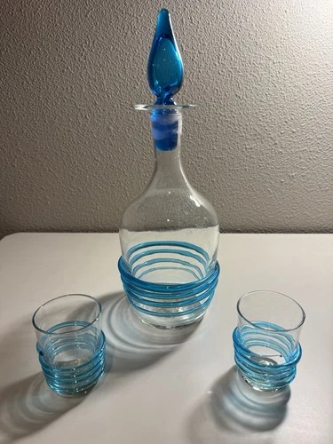 Blenko Turquoise 600 D Decanter With Pair Of 600 CT Glasses
