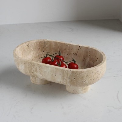 10'' Oval Travertine Fruit Bowl, Natural Two-Leg Pedestal Stone Serving Dish