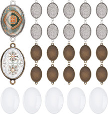 24Pcs Double Holes Photo Charms Connector Pendant Tray Blanks Bezel Cabochon Set