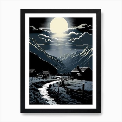 Moonlight In The Mountains Art Prin Framed Wall Art Poster Canvas Print Picture