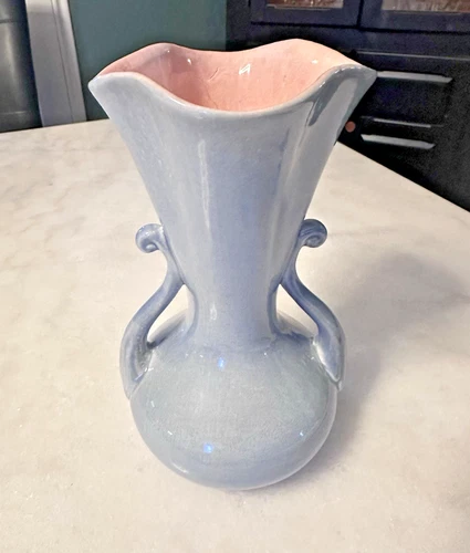 Red Wing Pottery "505" 2 handle Blue outside Pink Inside Vintage 7.5"