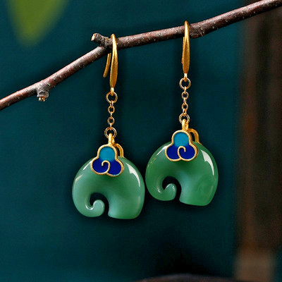 18K Gold Plated Jade Bohemian Drop Dangle Earrings Elephant Gemstone Boho Hook