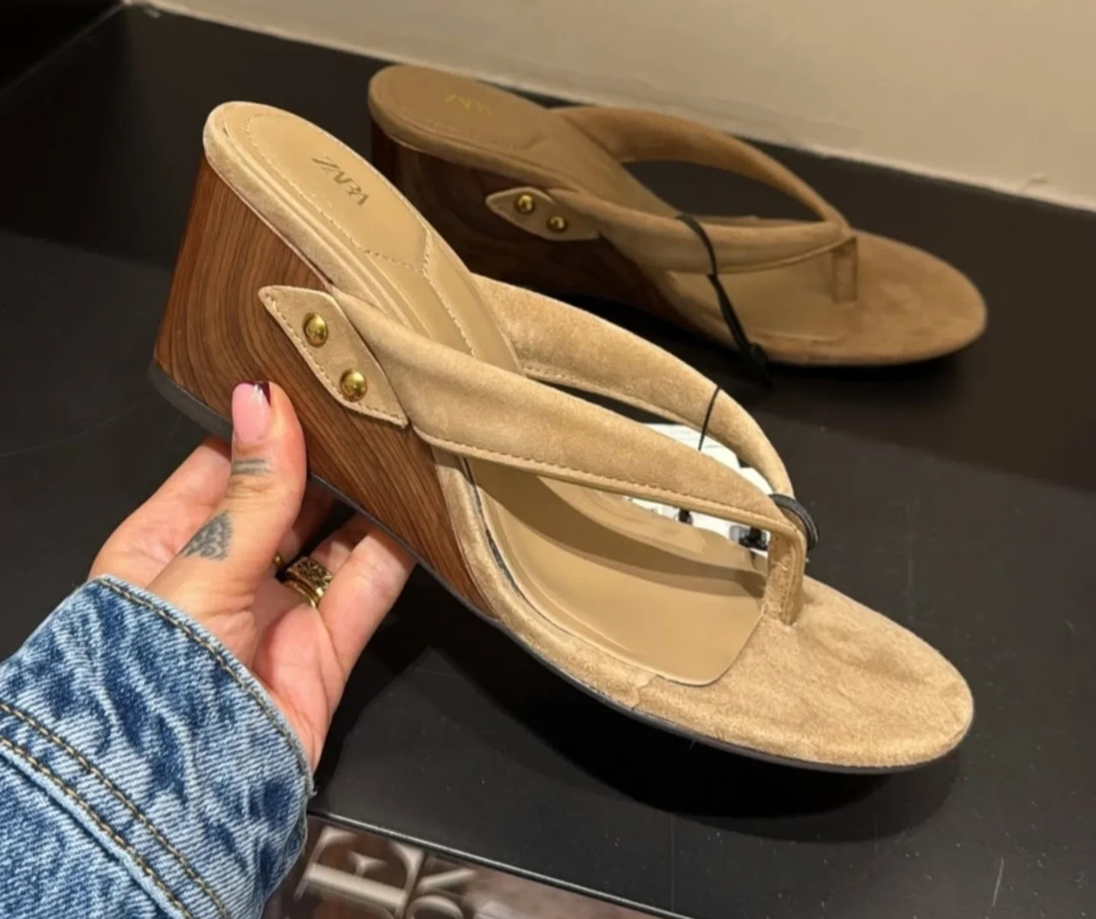 Zara Split Suede Wedge Heel Leather Sandals Sand Brown UK4 UK6 UK8 
