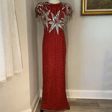 *READ* Vtg NWT Lawrence Kazar Silk Evening Gown Sz M Red & Silver Sequins Beaded