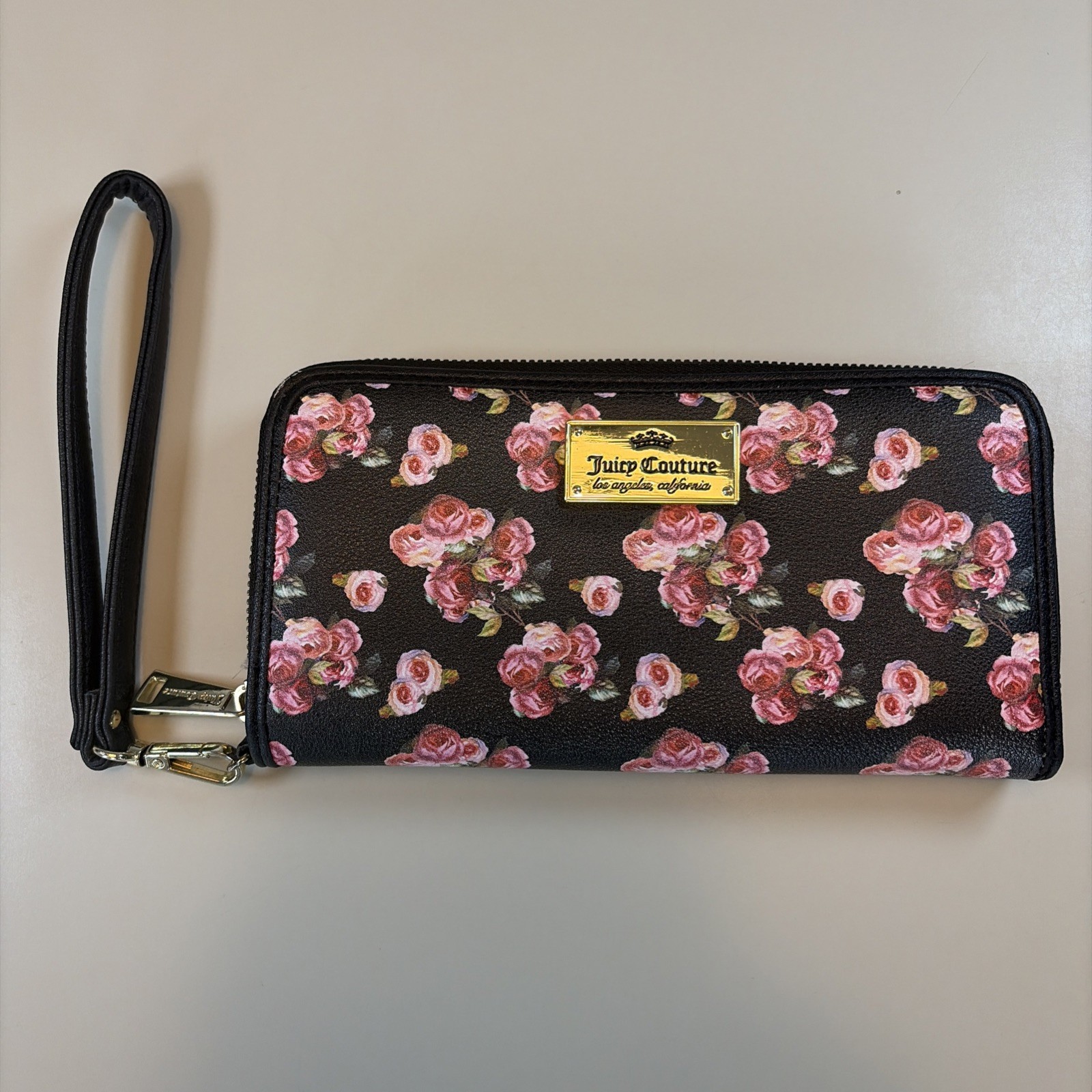 Juicy Couture Wallet Floral Black Pink Roses Multiple Compartments Wristlet