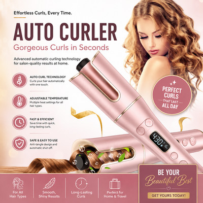 Automatic Hair Curler with LCD Display   1  Rotating Barrel, 4 Heat Settings, 3