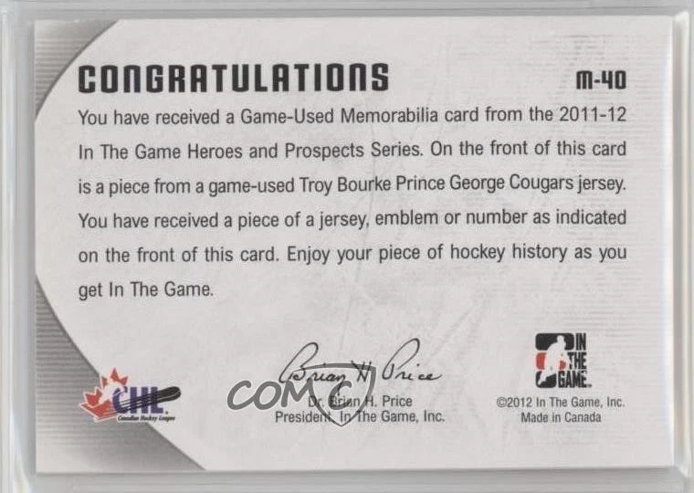 2011-12 ITG Heroes and Prospects Game-Used Gold Jersey /10 Troy Bourke #M-40 - Image 2 of 2