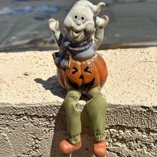 Ceramic Ghost Pumpkin Halloween Decor Shelf Sitter Fall Decoration
