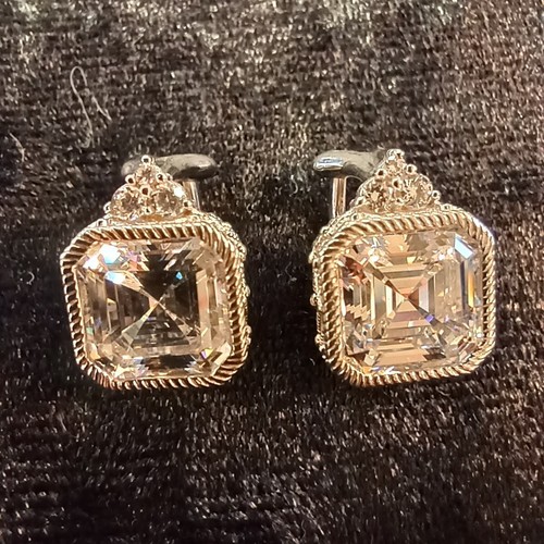 Judith Ripka Sterling Silver 925 CZ Square Clip Earrings