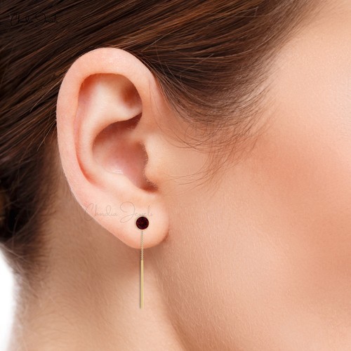 4mm Round Cabochon Garnet 14k Solid Gold Dangle Threader Earrings Gift For Women - Picture 5 of 22