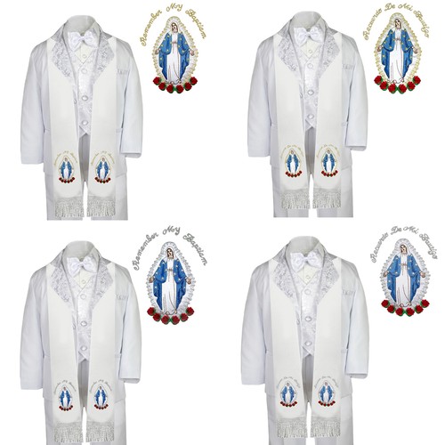 6pc Baptism White Tuxedo Paisley English Spanish Silver Gold Mary on Stole S-20